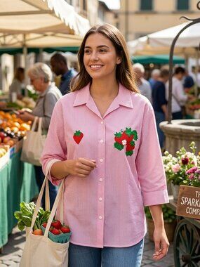 Isaac's Designs Women's Button Down‎ Shirt Strawberry Appliquéd Size XL
